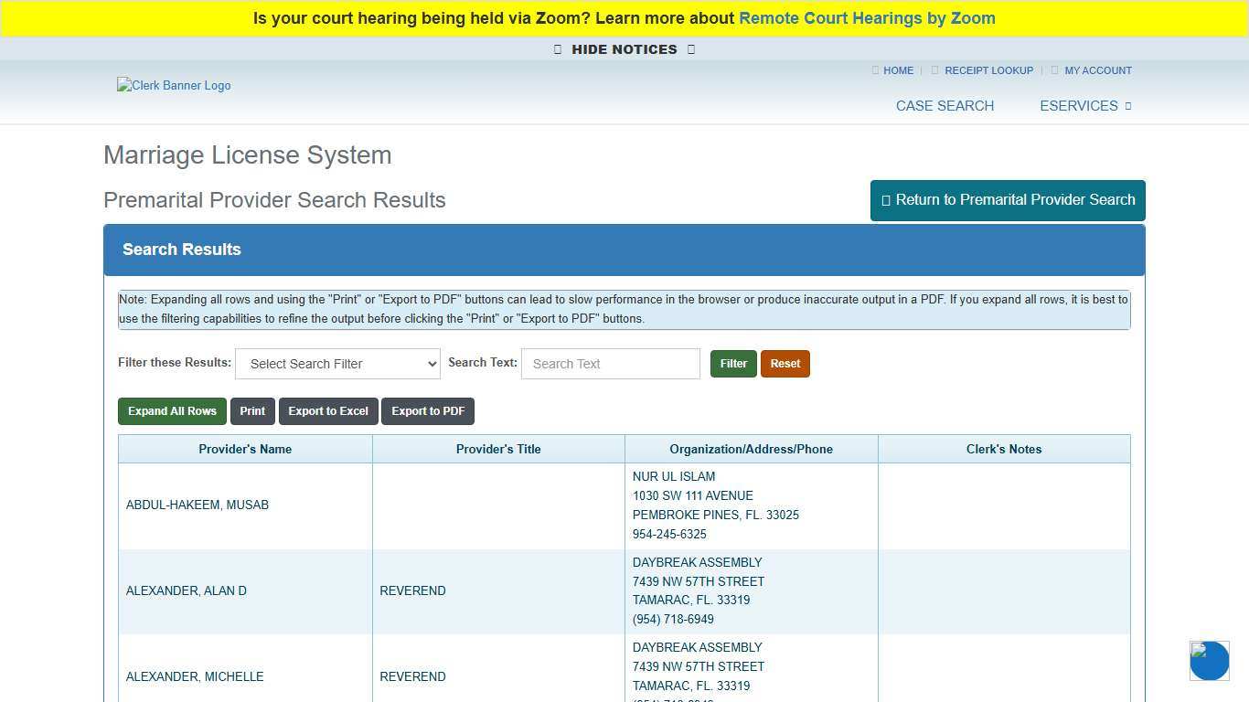 Premarital Provider Search Results - Broward County Clerk of Courts